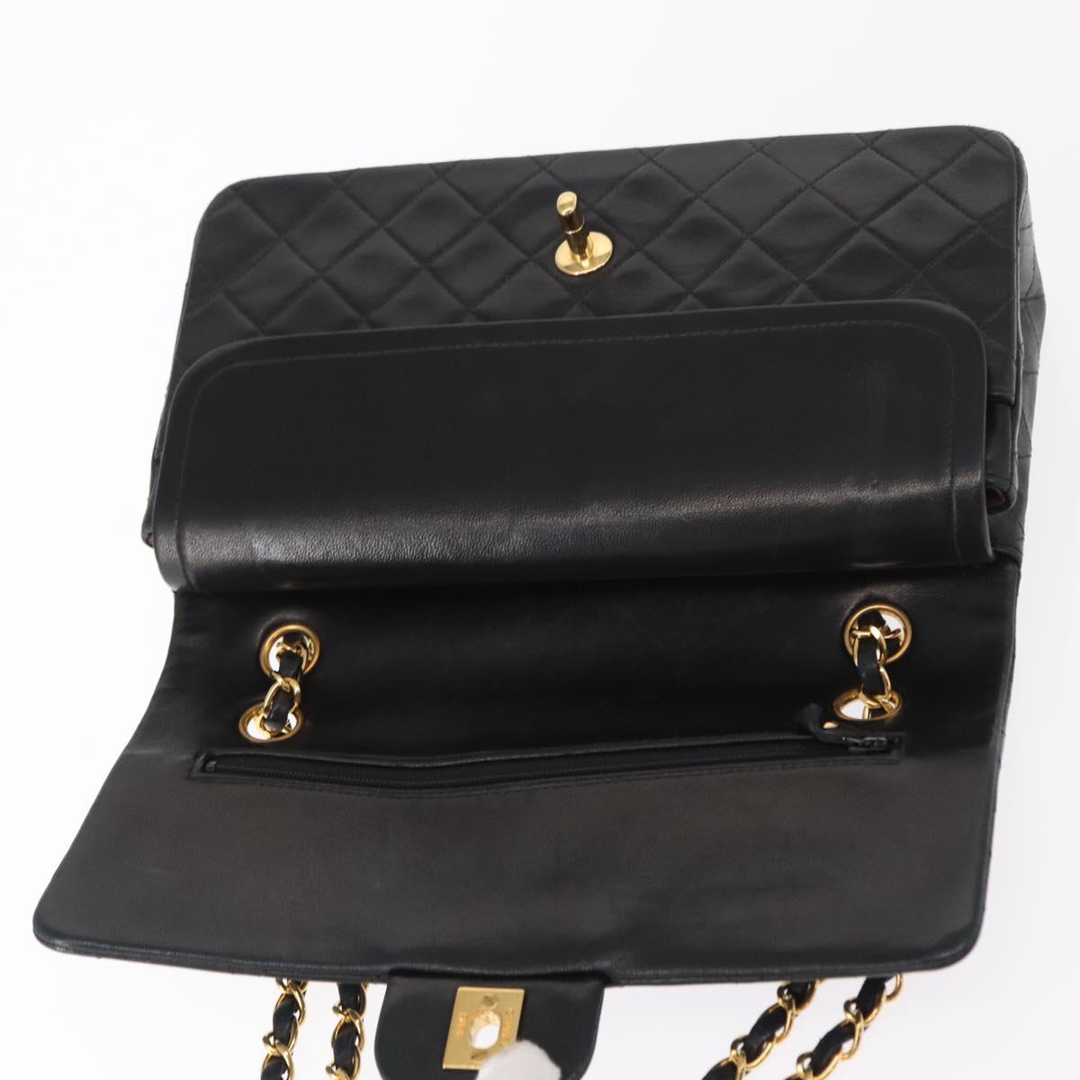 CHANEL Matelasse 25 Double Flap Chain Bag Lamb Skin Black Gold CC Auth BA9002SAV