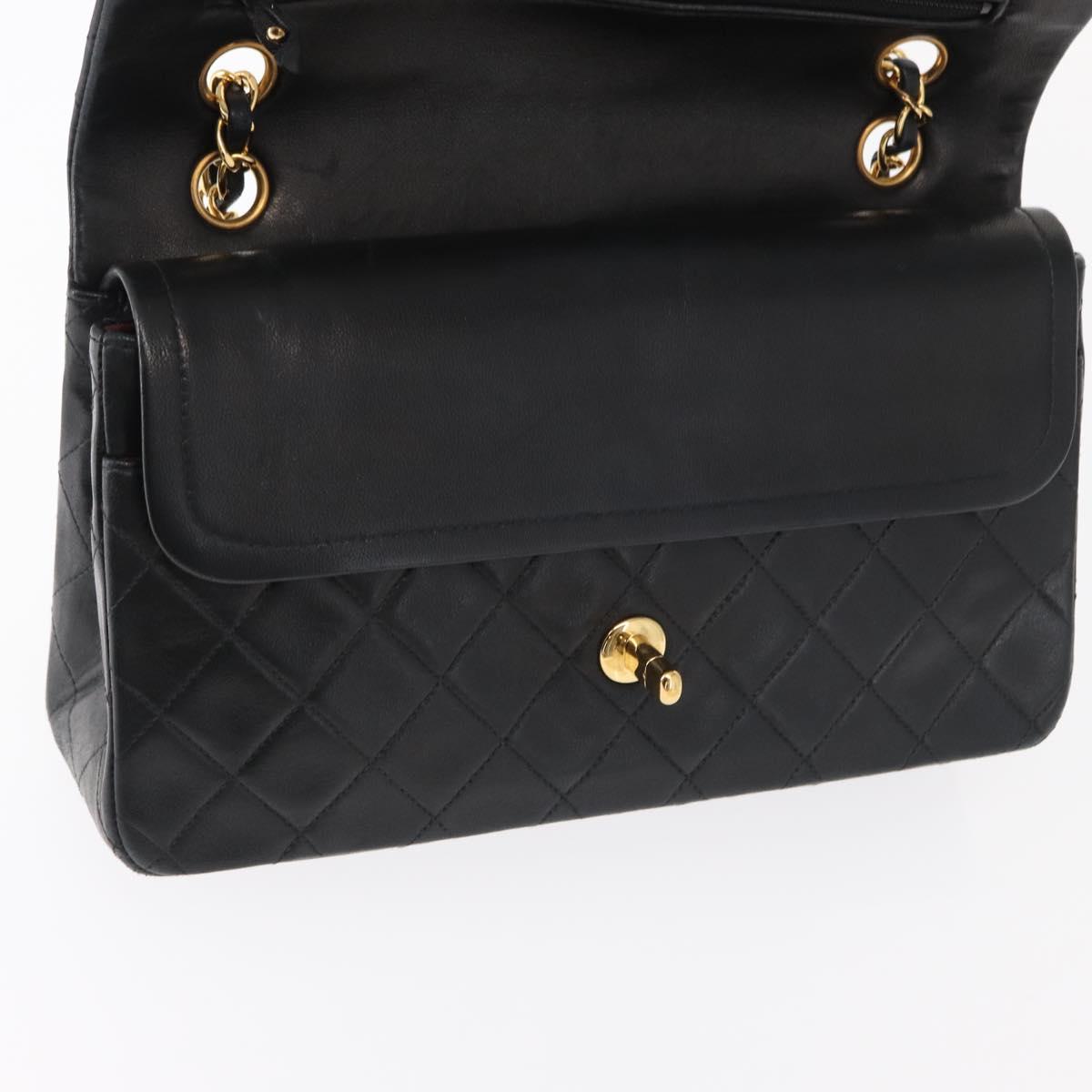 CHANEL Matelasse 25 Double Flap Chain Bag Lamb Skin Black Gold CC Auth BA9002SAV