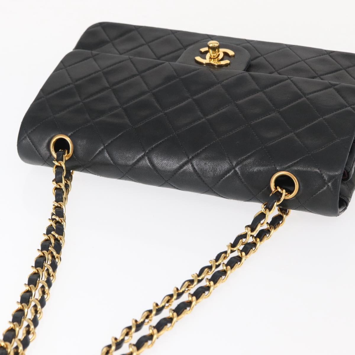 CHANEL Matelasse 25 Double Flap Chain Bag Lamb Skin Black Gold CC Auth BA9002SAV