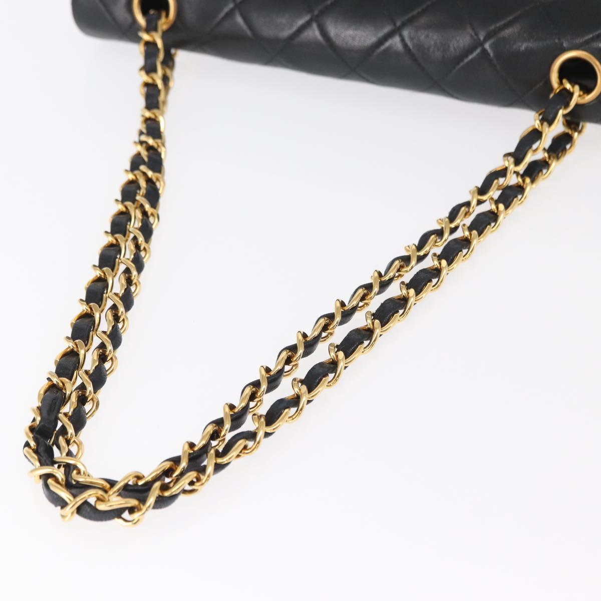 CHANEL Matelasse 25 Double Flap Chain Bag Lamb Skin Black Gold CC Auth BA9002SAV