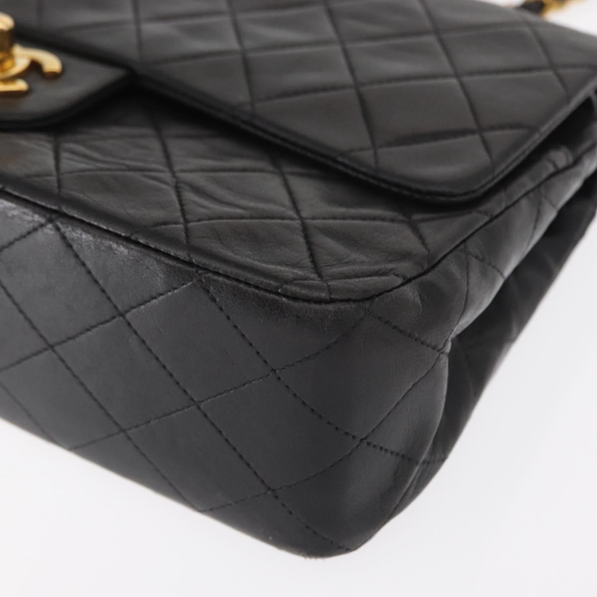 CHANEL Matelasse 25 Double Flap Chain Bag Lamb Skin Black Gold CC Auth BA9003SAV