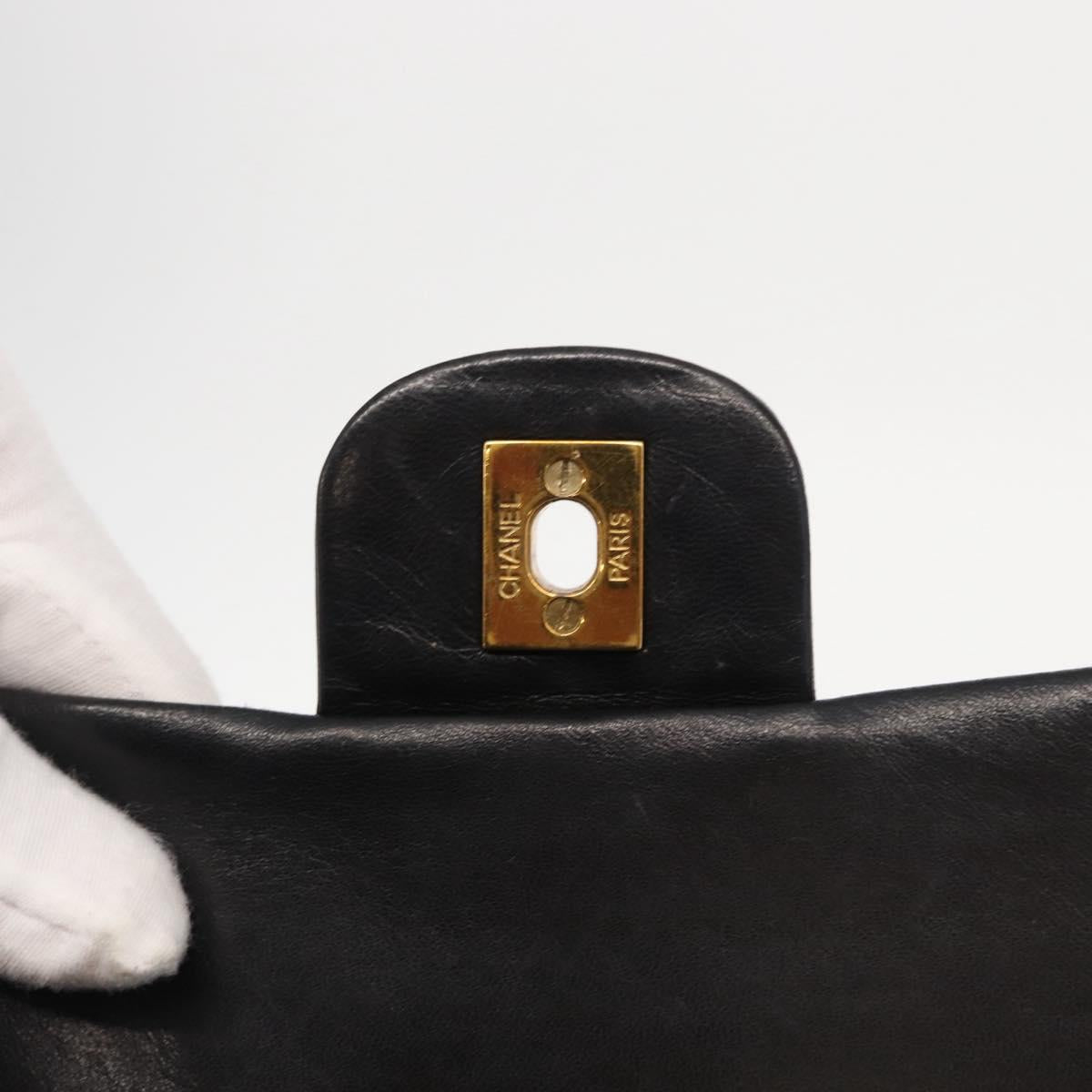 CHANEL Matelasse 25 Double Flap Chain Bag Lamb Skin Black Gold CC Auth BA9003SAV