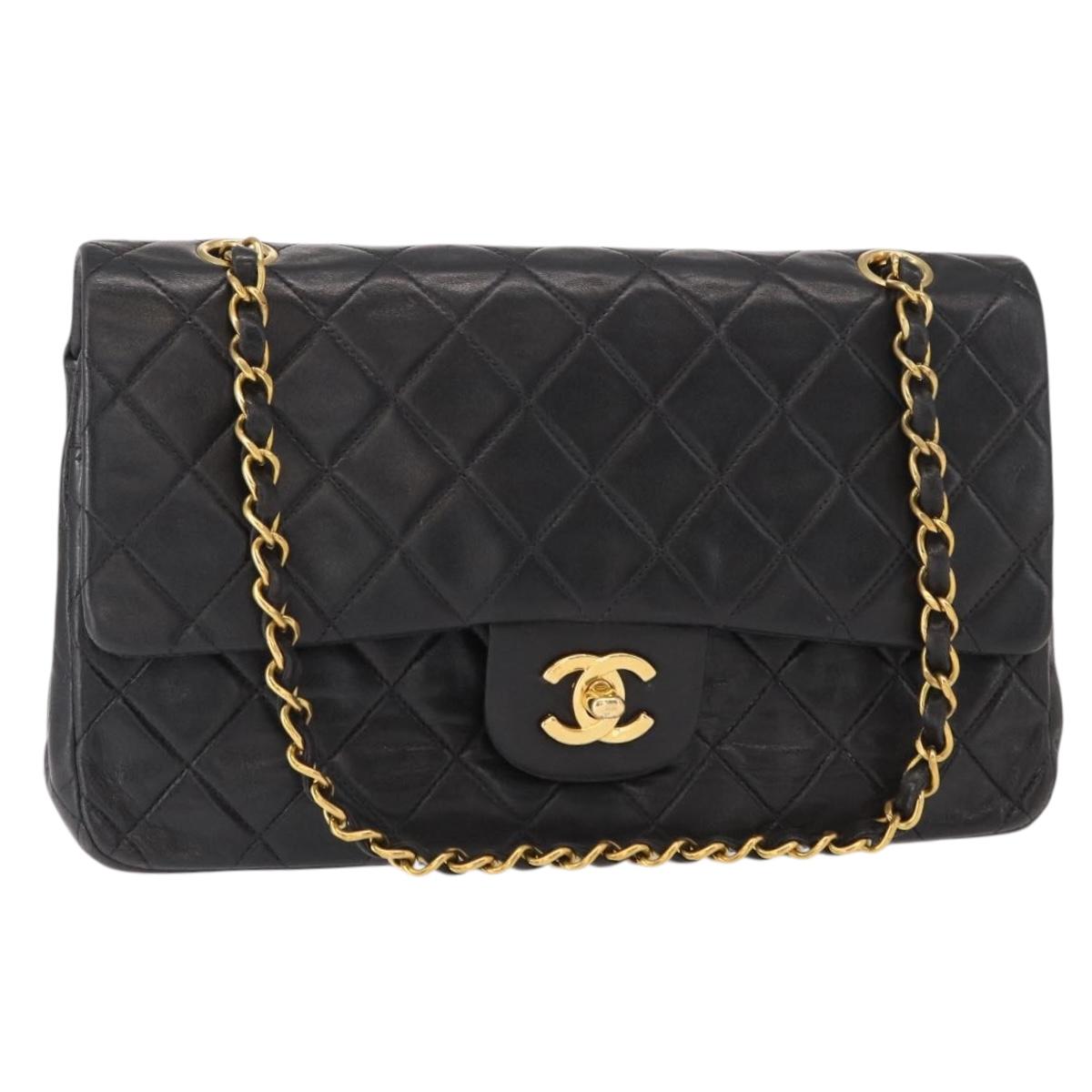 CHANEL Matelasse 25 Double Flap Chain Bag Lamb Skin Black Gold CC Auth BA9003SAV