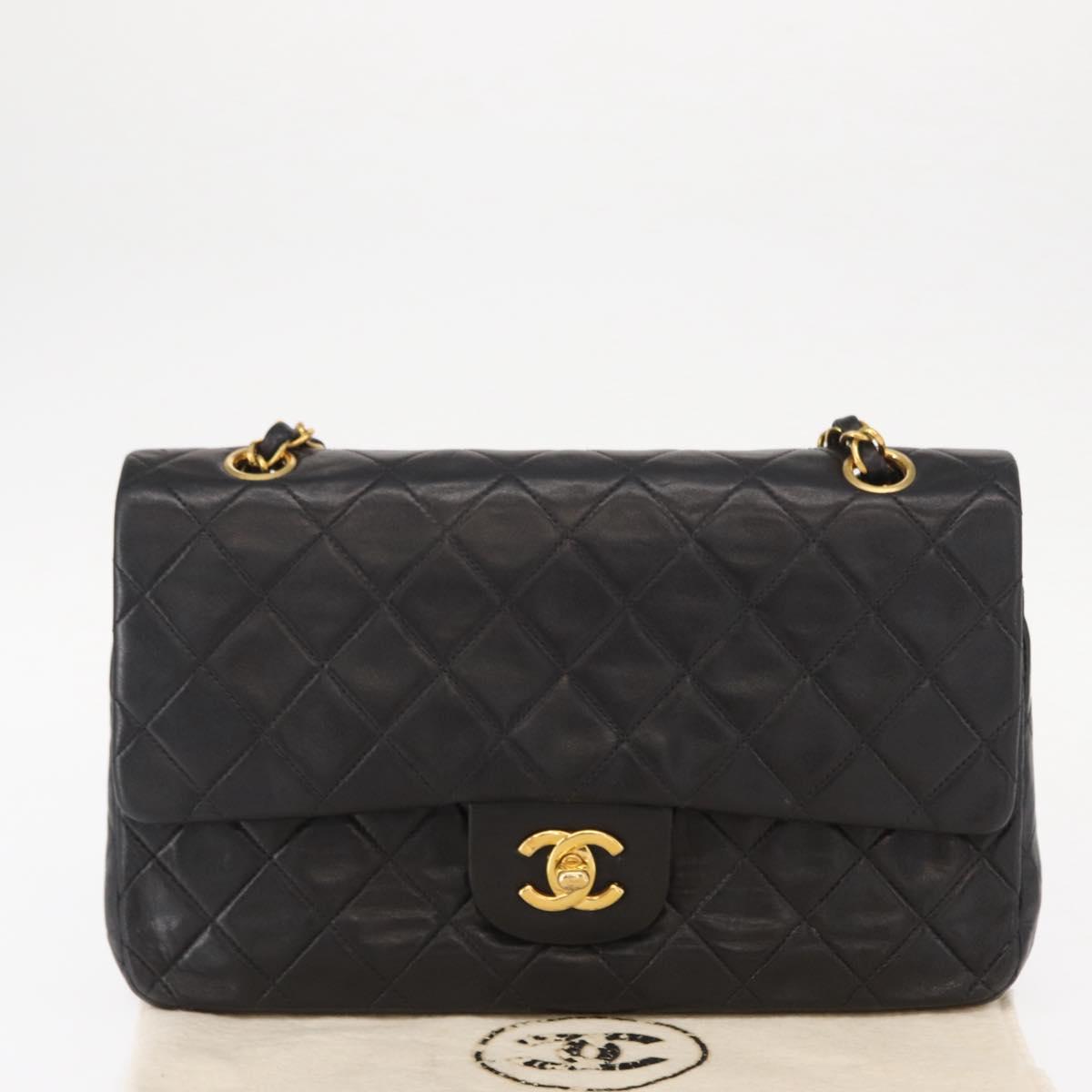 CHANEL Matelasse 25 Double Flap Chain Bag Lamb Skin Black Gold CC Auth BA9003SAV