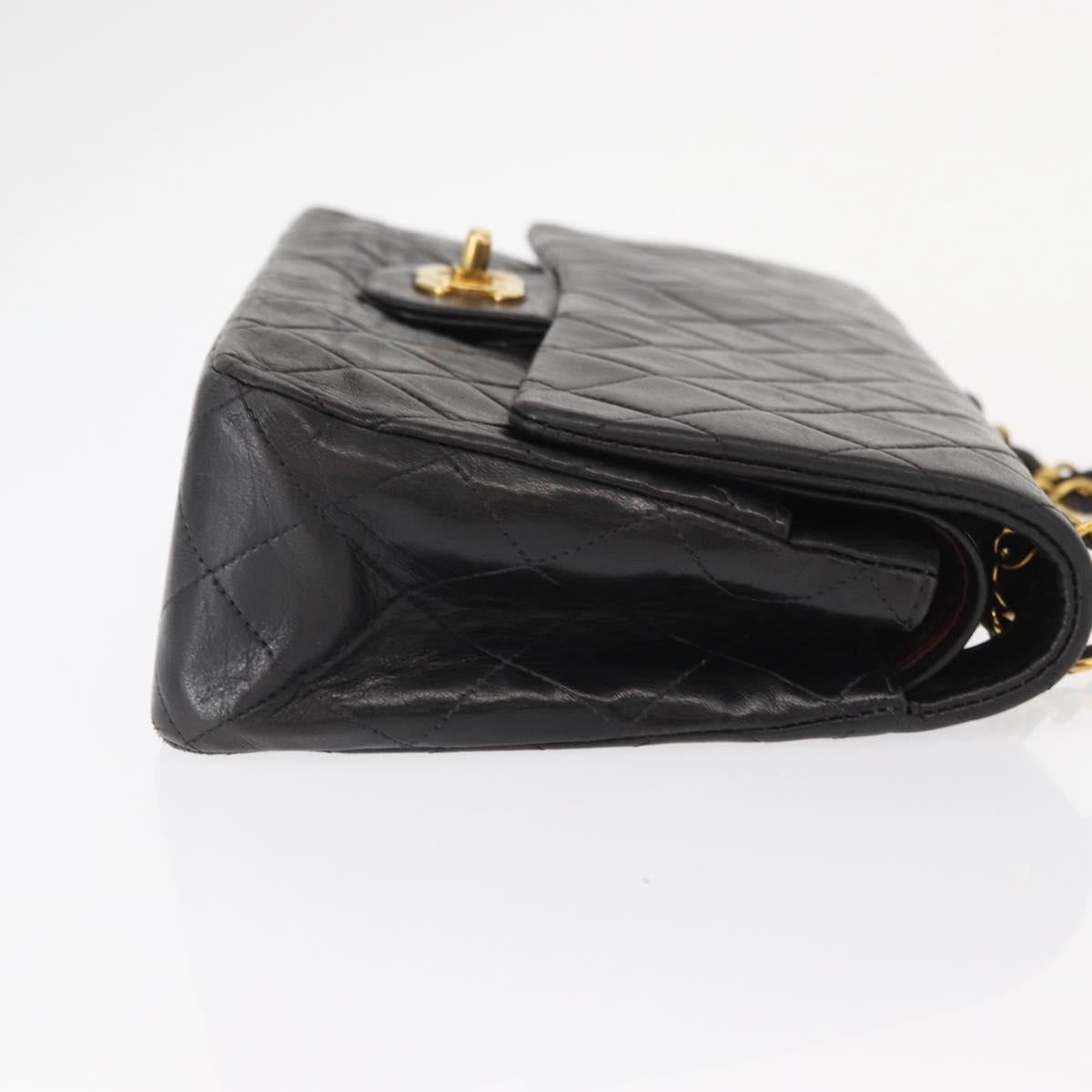 CHANEL Matelasse 25 Double Flap Chain Bag Lamb Skin Black Gold CC Auth BA9003SAV