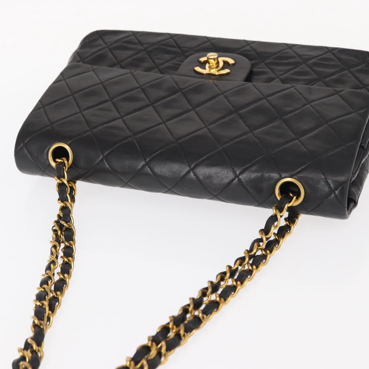 CHANEL Matelasse 25 Double Flap Chain Bag Lamb Skin Black Gold CC Auth BA9003SAV