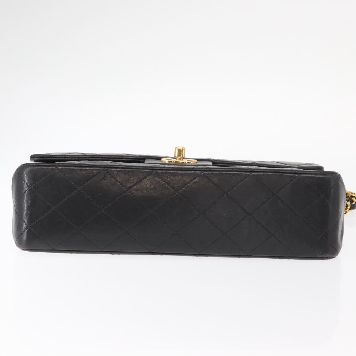 CHANEL Matelasse 25 Double Flap Chain Bag Lamb Skin Black Gold CC Auth BA9003SAV