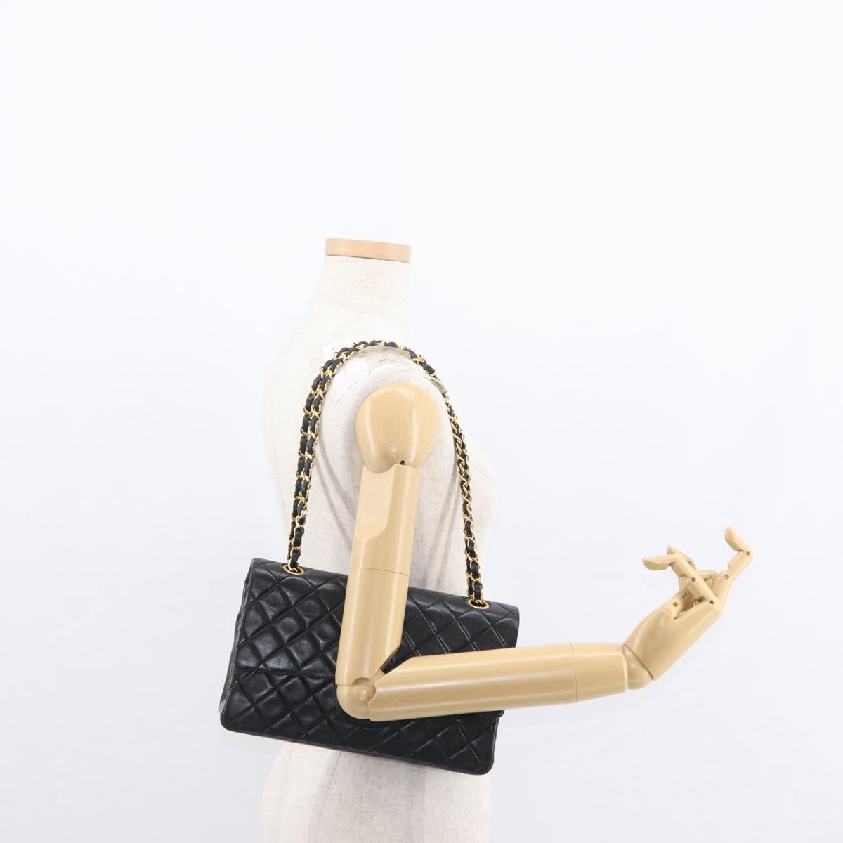 CHANEL Matelasse 25 Double Flap Chain Bag Lamb Skin Black Gold CC Auth BA9005SAM