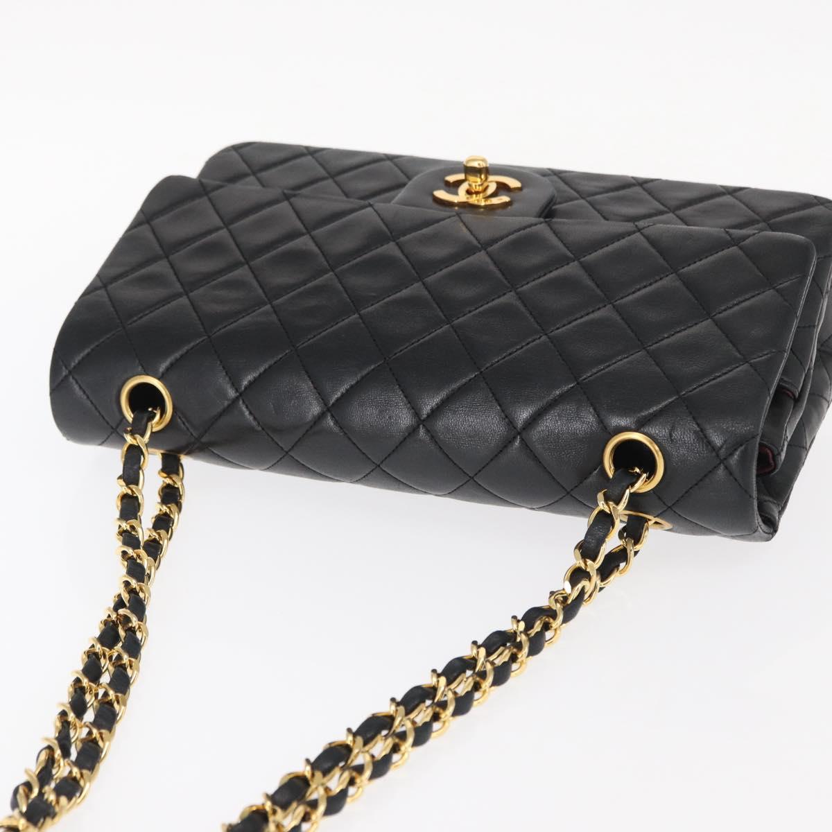 CHANEL Matelasse 25 Double Flap Chain Bag Lamb Skin Black Gold CC Auth BA9005SAM