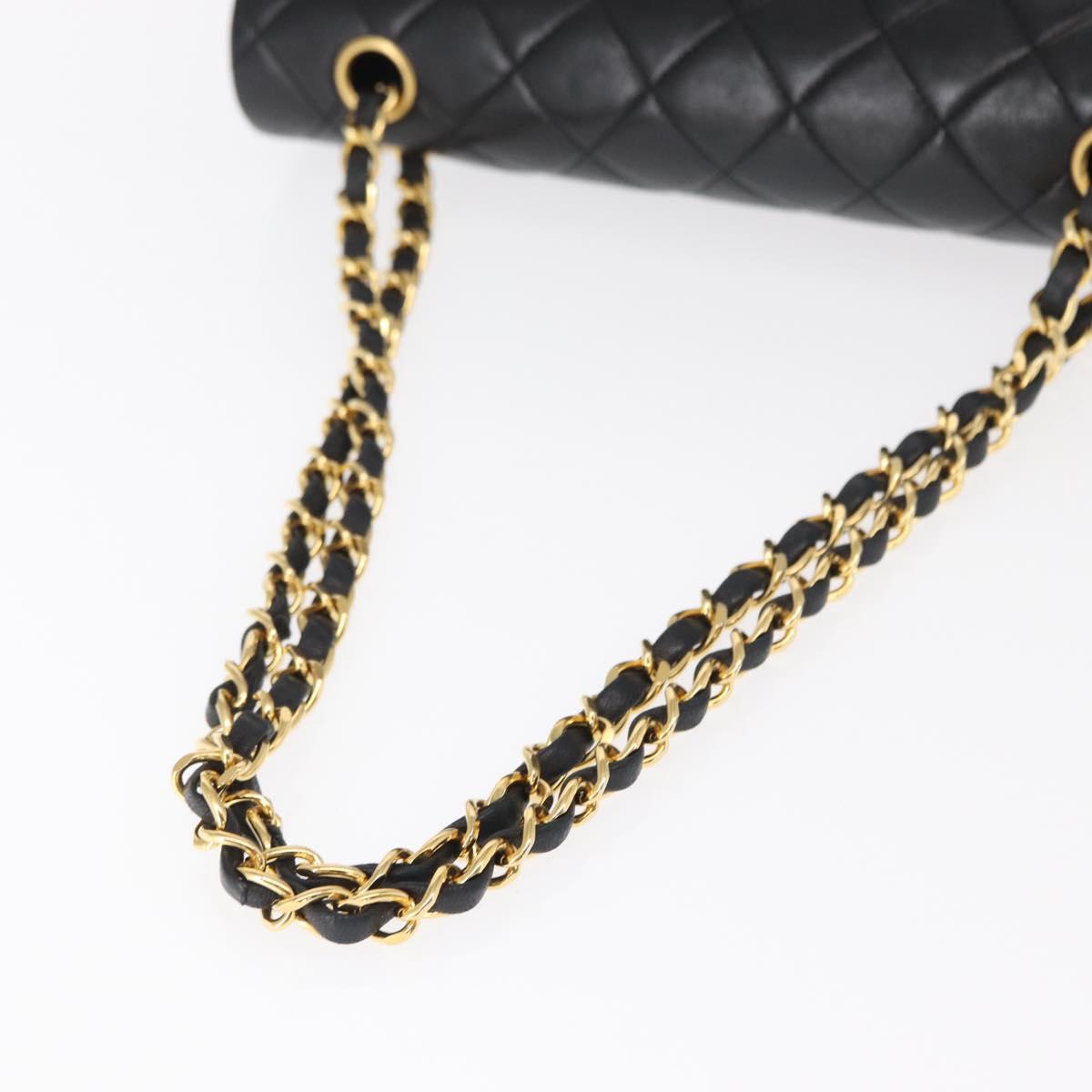 CHANEL Matelasse 25 Double Flap Chain Bag Lamb Skin Black Gold CC Auth BA9005SAM