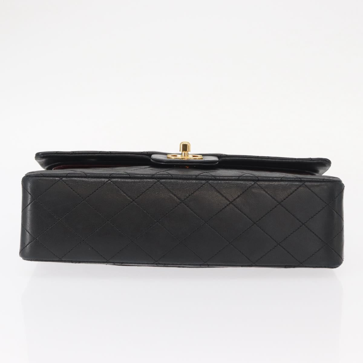 CHANEL Matelasse 25 Double Flap Chain Bag Lamb Skin Black Gold CC Auth BA9005SAM