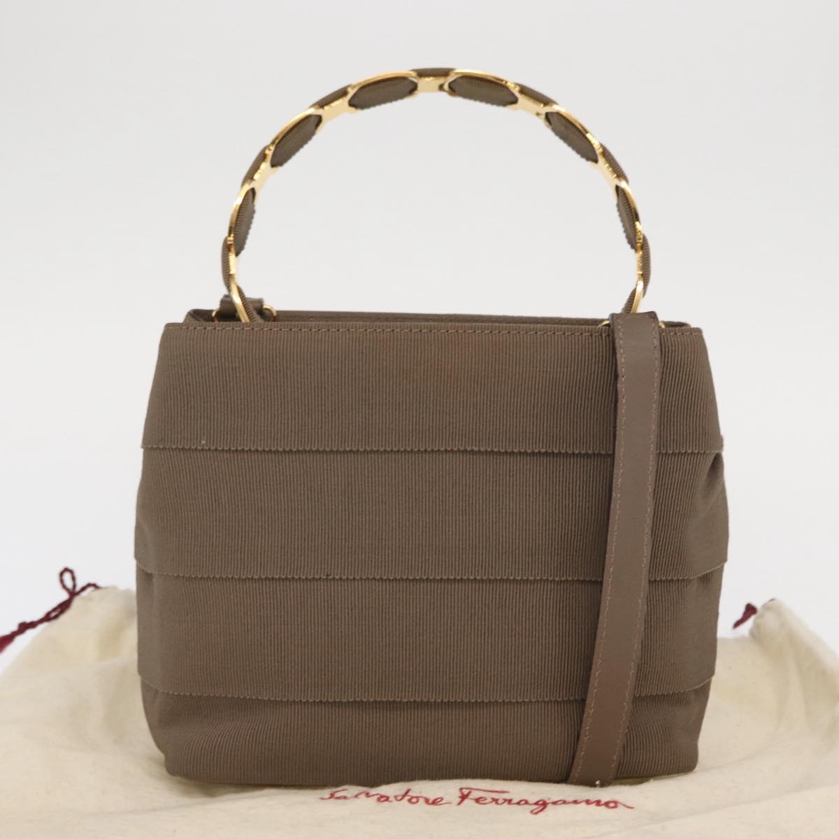 Salvatore Ferragamo Vala Hand Bag Canvas 2way Beige Gold Auth BA9015