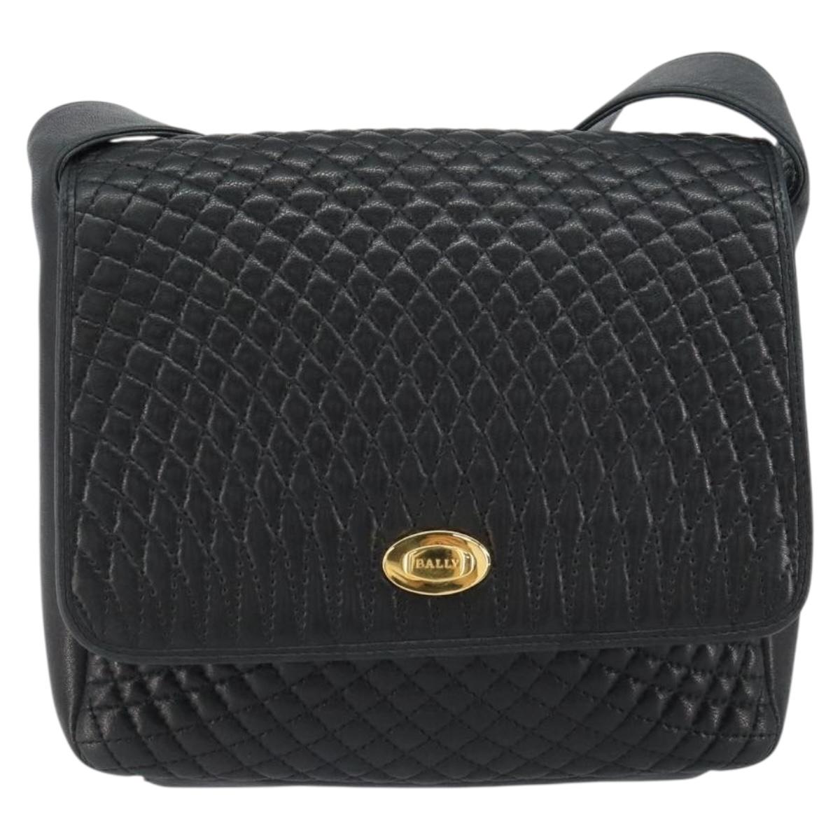 BALLY Shoulder Bag Leather Black Gold Auth BA9032
