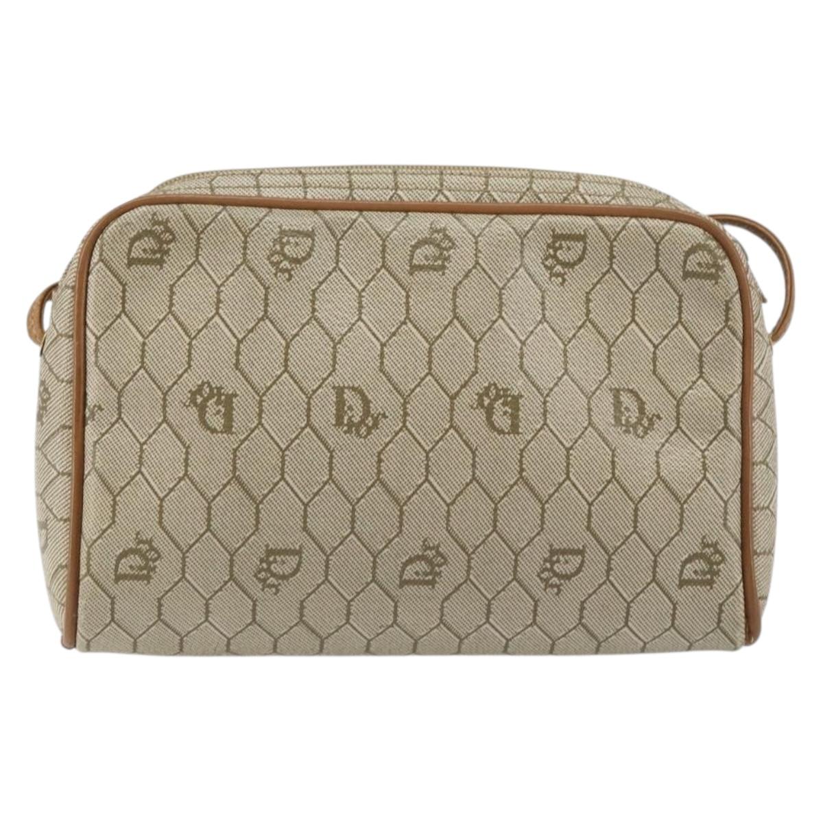 Christian Dior Honeycomb Canvas Shoulder Bag PVC Beige Gold Auth BA9036