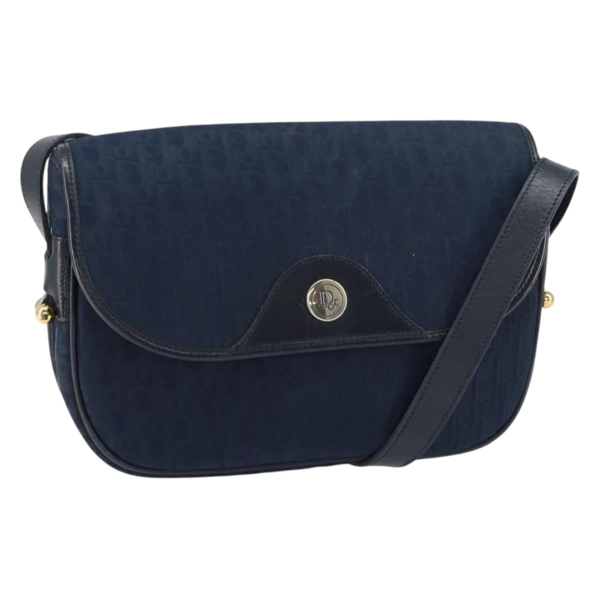 Christian Dior Trotter Canvas Shoulder Bag Navy Gold Auth BA9037