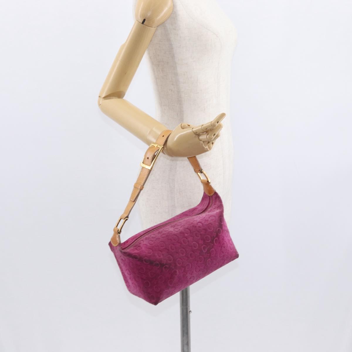 CELINE C Macadam Canvas Shoulder Bag Suede Pink Gold Auth BA9043