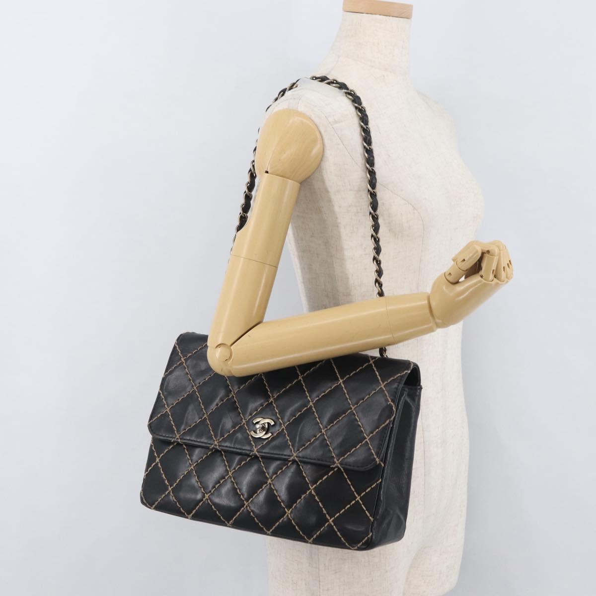 CHANEL Bicolore Big Matelasse 30 Single Flap Chain Lamb Skin Black CC Auth BA905