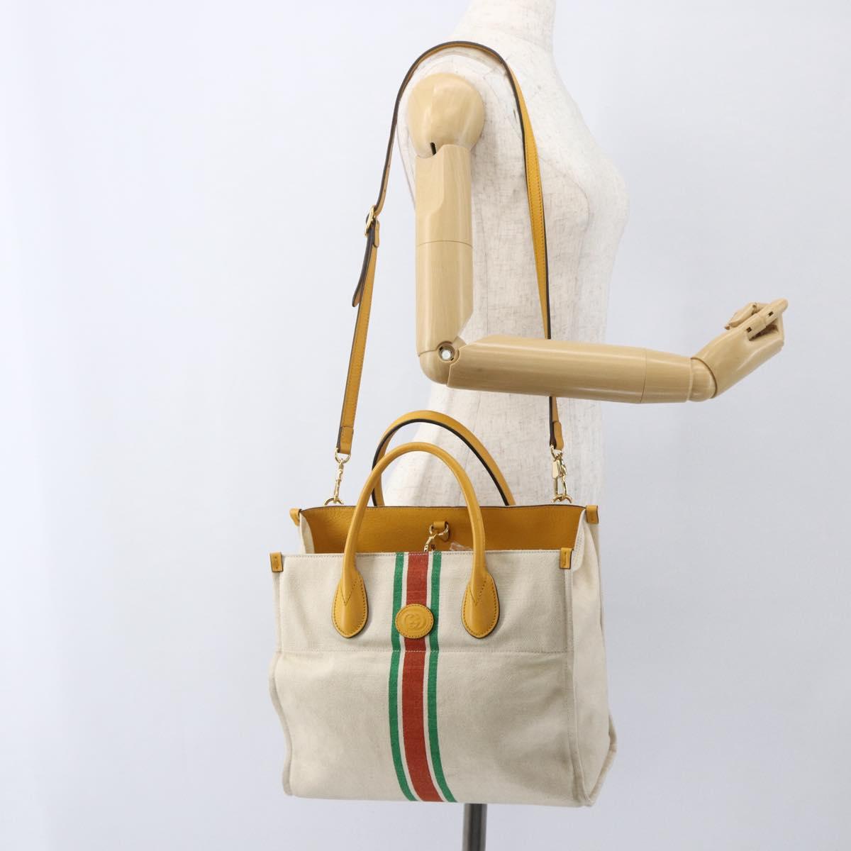 GUCCI Web Sherry Line Hand Bag Canvas 2way Beige Gold Auth BA9056