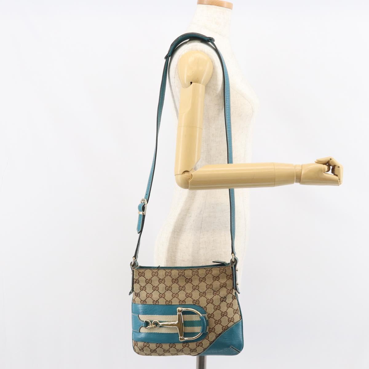 GUCCI GG Canvas Shoulder Bag Beige Turquoise Blue Gold 141506 Auth BA9062