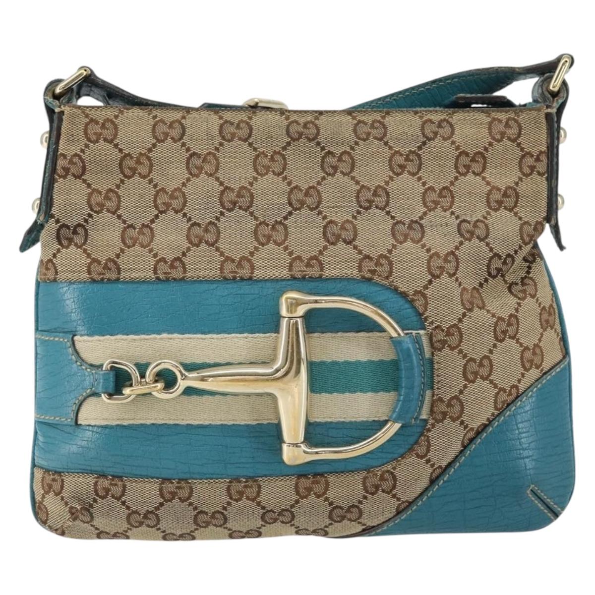 GUCCI GG Canvas Shoulder Bag Beige Turquoise Blue Gold 141506 Auth BA9062