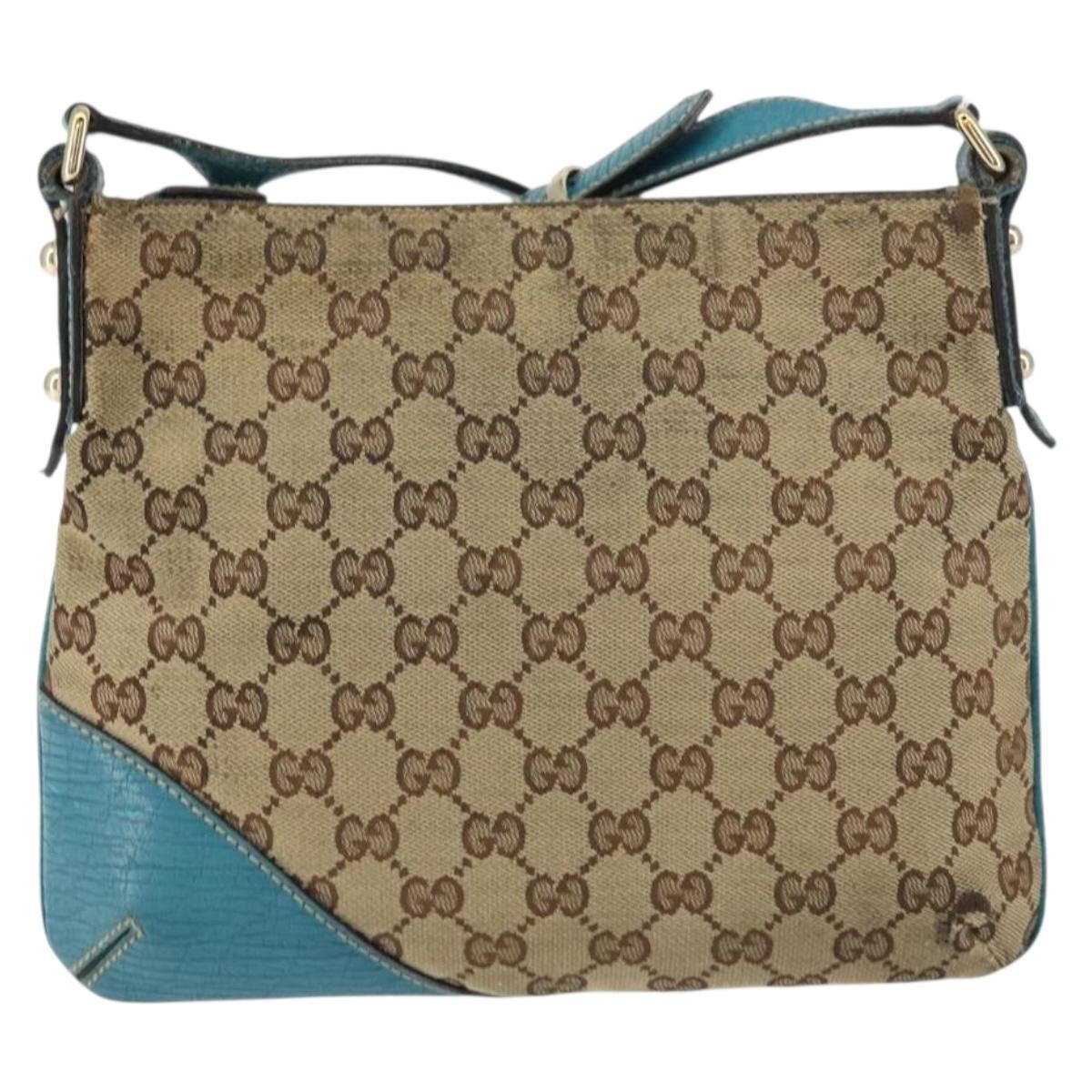 GUCCI GG Canvas Shoulder Bag Beige Turquoise Blue Gold 141506 Auth BA9062