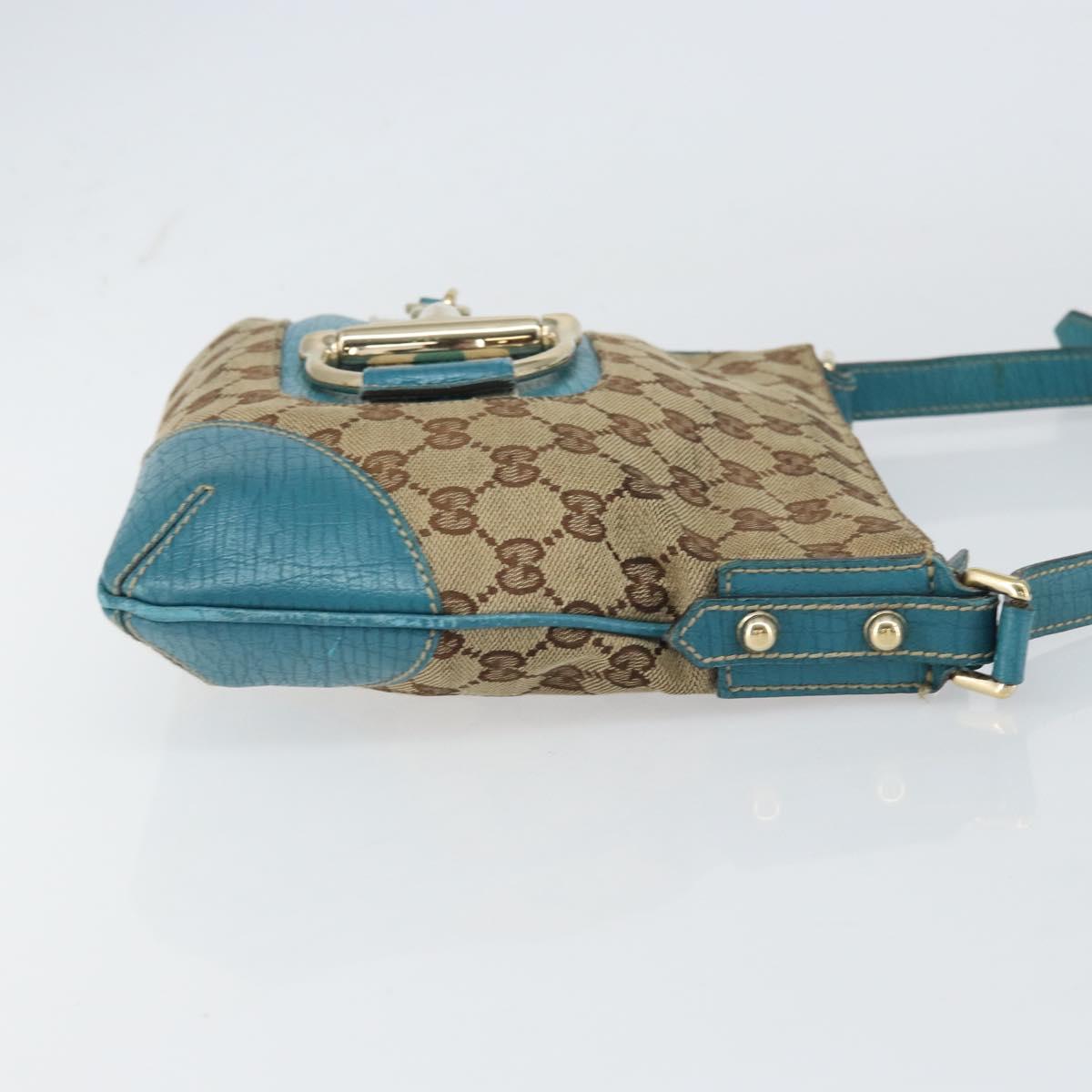 GUCCI GG Canvas Shoulder Bag Beige Turquoise Blue Gold 141506 Auth BA9062