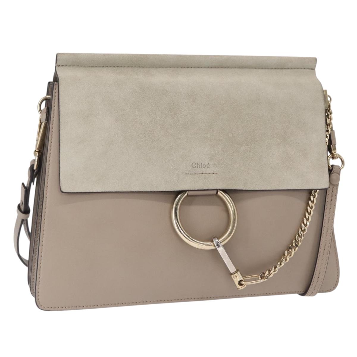 Chloe Fay Shoulder Bag Suede Leather Beige Gold Auth BA9070