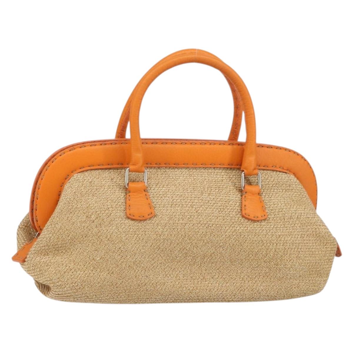 FENDI Celeria Hand Bag Raffia Beige Silver Auth BA9072