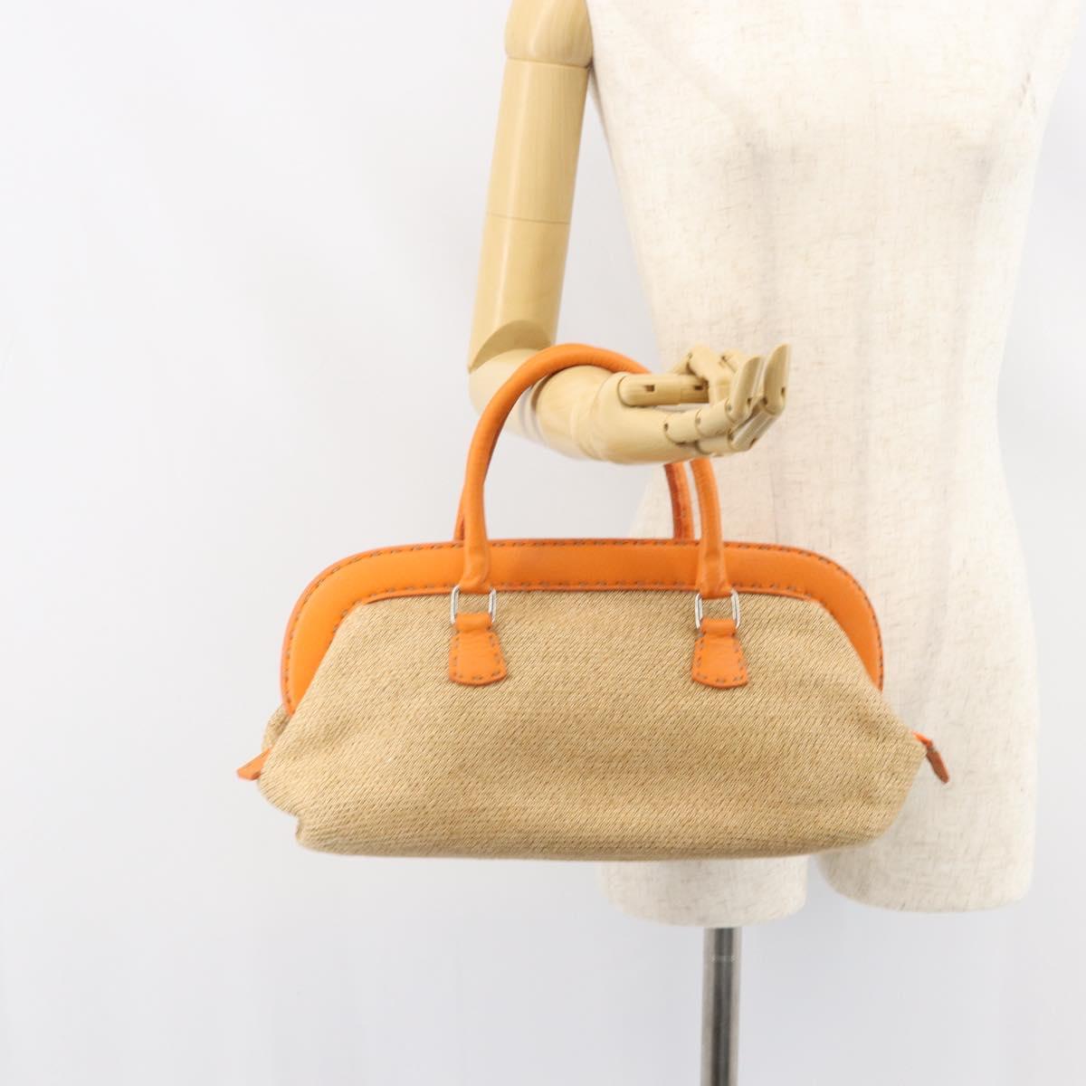 FENDI Celeria Hand Bag Raffia Beige Silver Auth BA9072