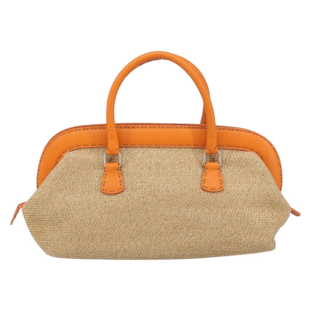 FENDI Celeria Hand Bag Raffia Beige Silver Auth BA9072