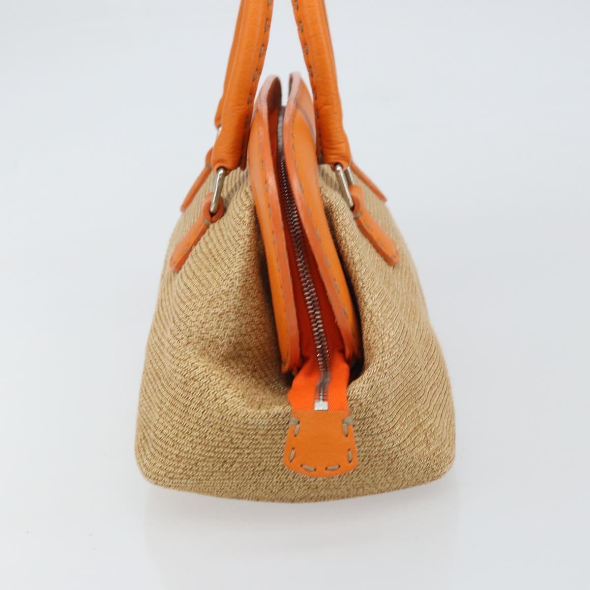FENDI Celeria Hand Bag Raffia Beige Silver Auth BA9072