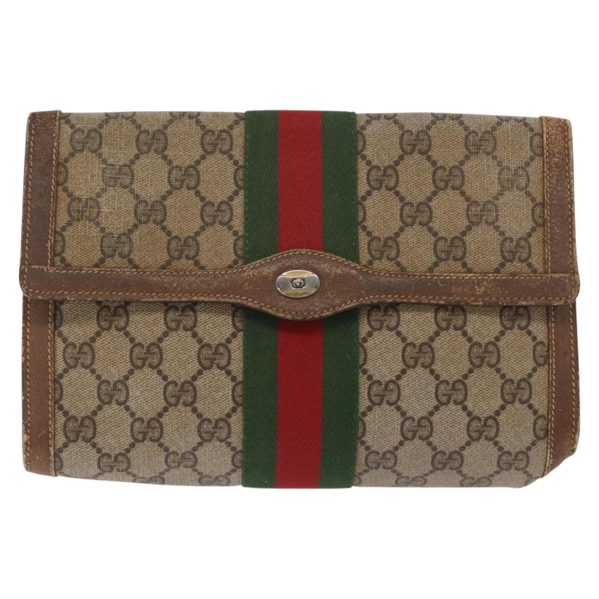 GUCCI GG Supreme Web Sherry Line Clutch Bag PVC Beige Gold 89 01 006 Auth BA9104