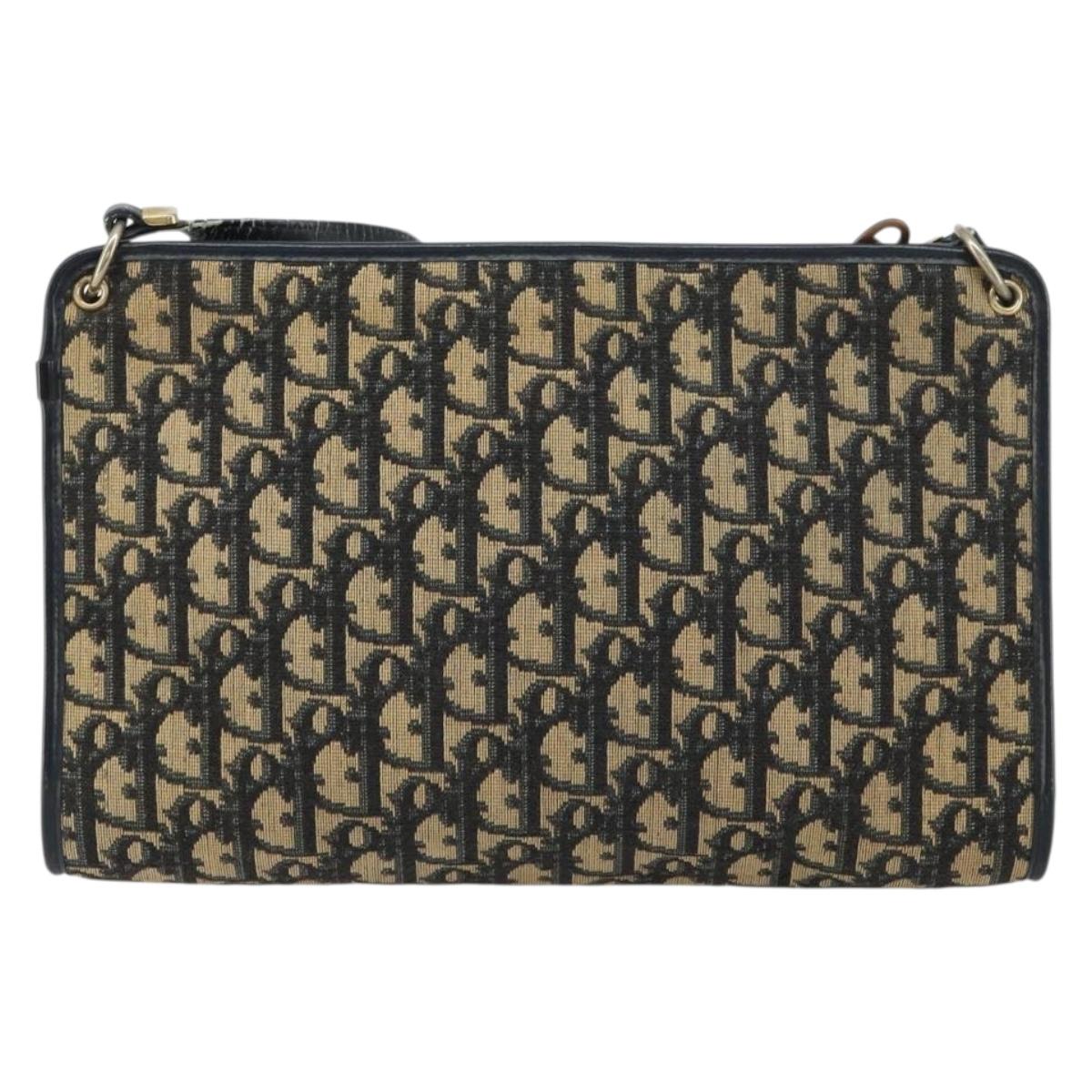 Christian Dior Trotter Canvas Shoulder Bag Navy Gold Auth BA9130