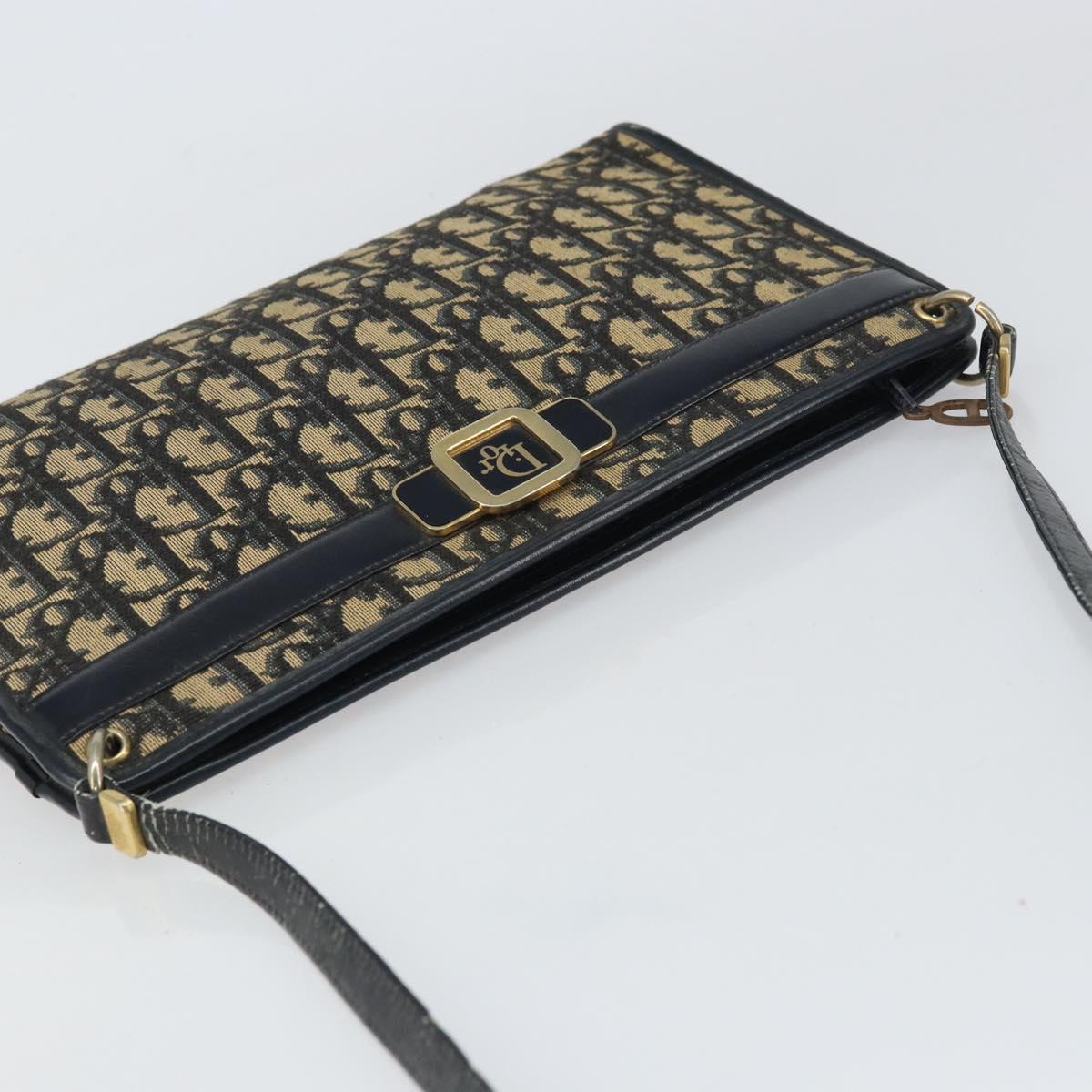 Christian Dior Trotter Canvas Shoulder Bag Navy Gold Auth BA9130