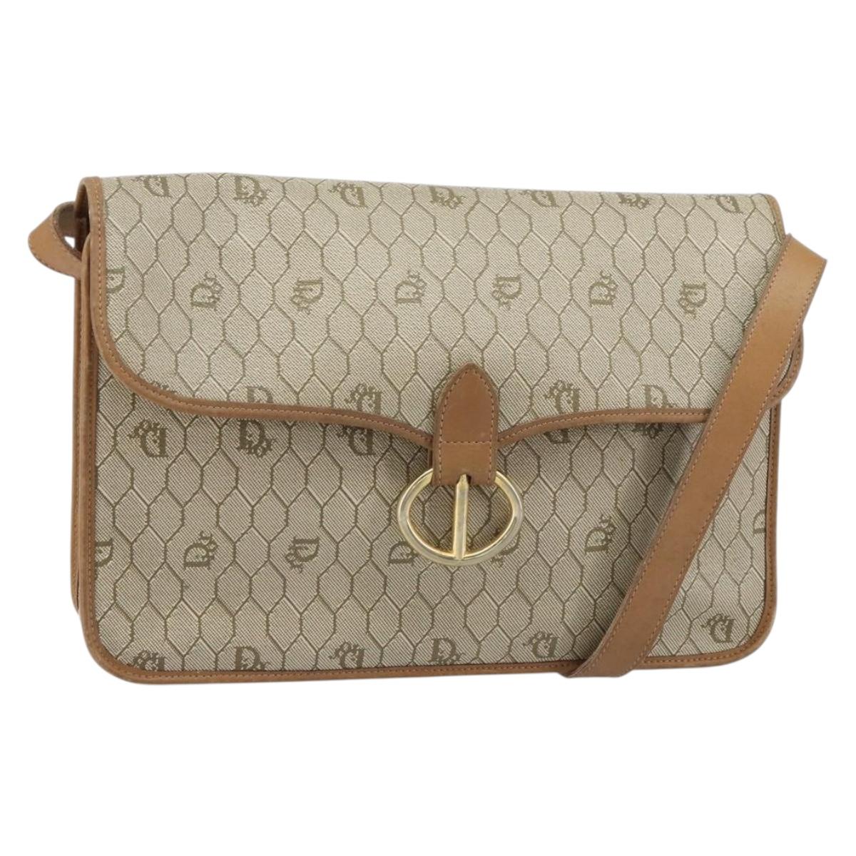 Christian Dior Honeycomb Canvas Shoulder Bag PVC Beige Gold Auth BA9156