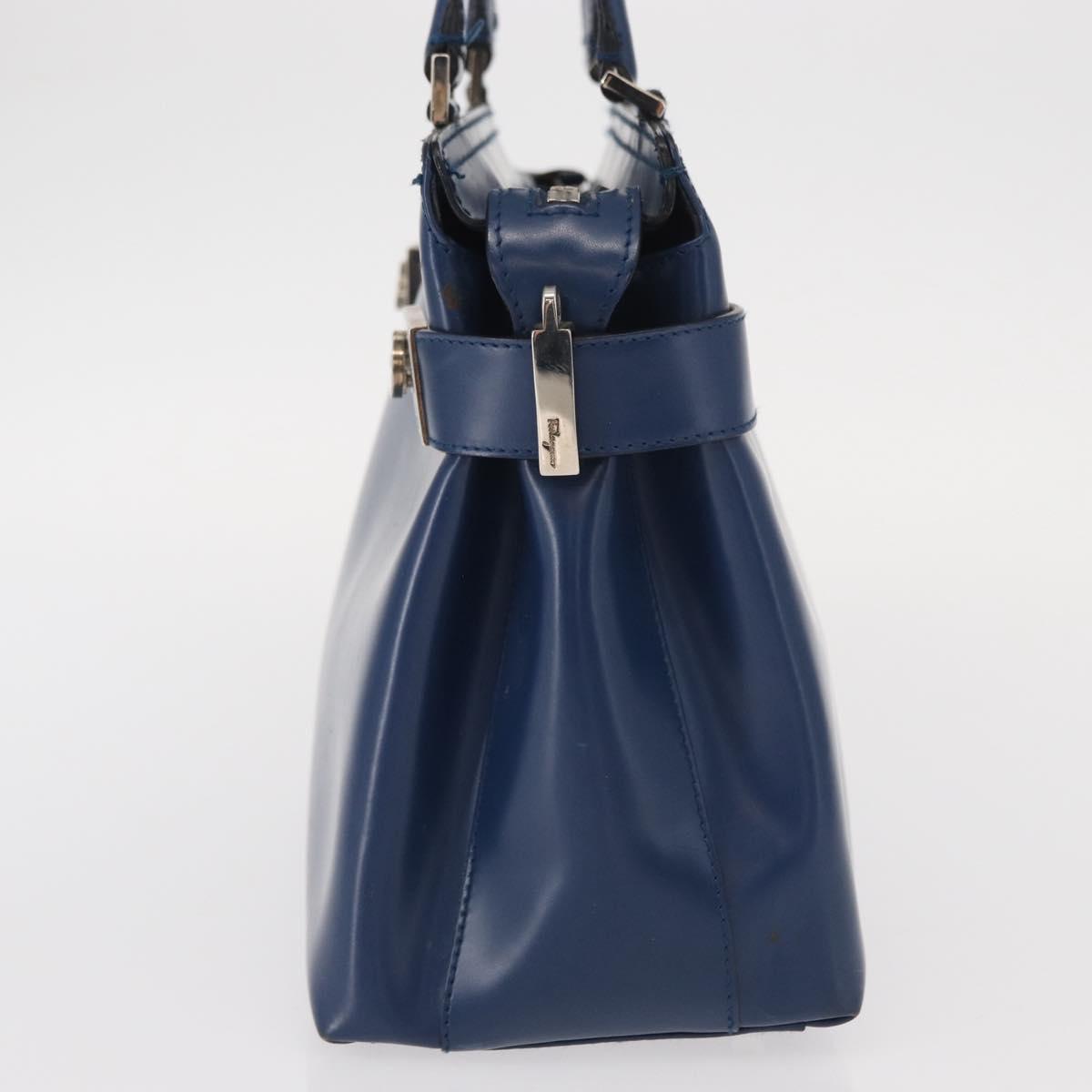 Salvatore Ferragamo Gancini Hand Bag Leather Light Blue Gold Auth BA9168