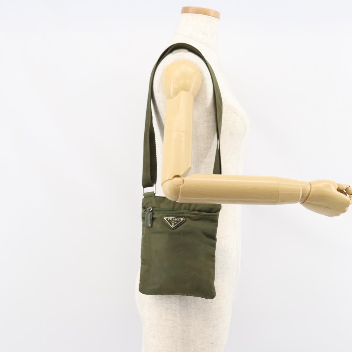 PRADA Shoulder Bag Nylon Khaki Silver Auth BA9173