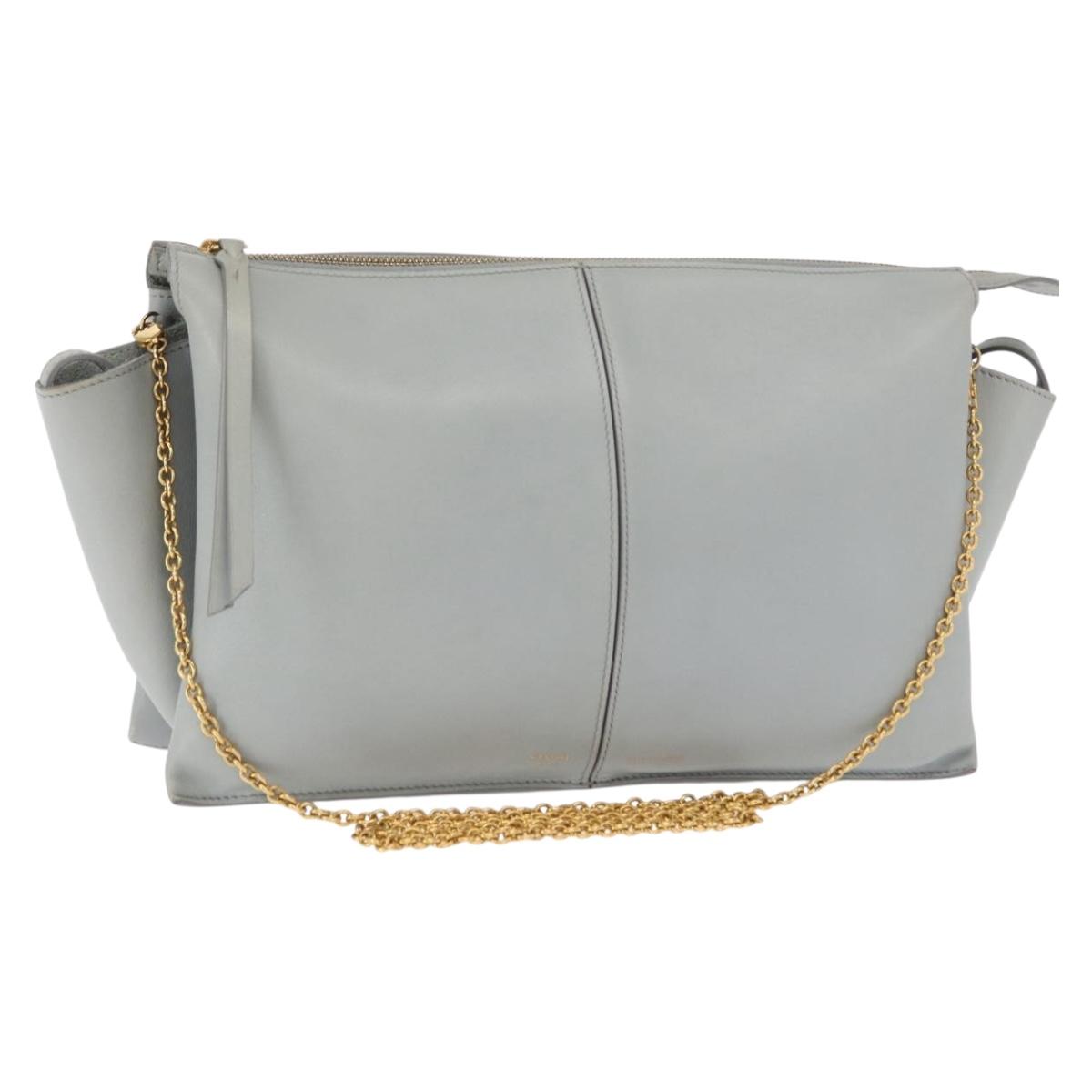 CELINE Chain Trifold Shoulder Bag Leather Gray Gold Auth BA9180