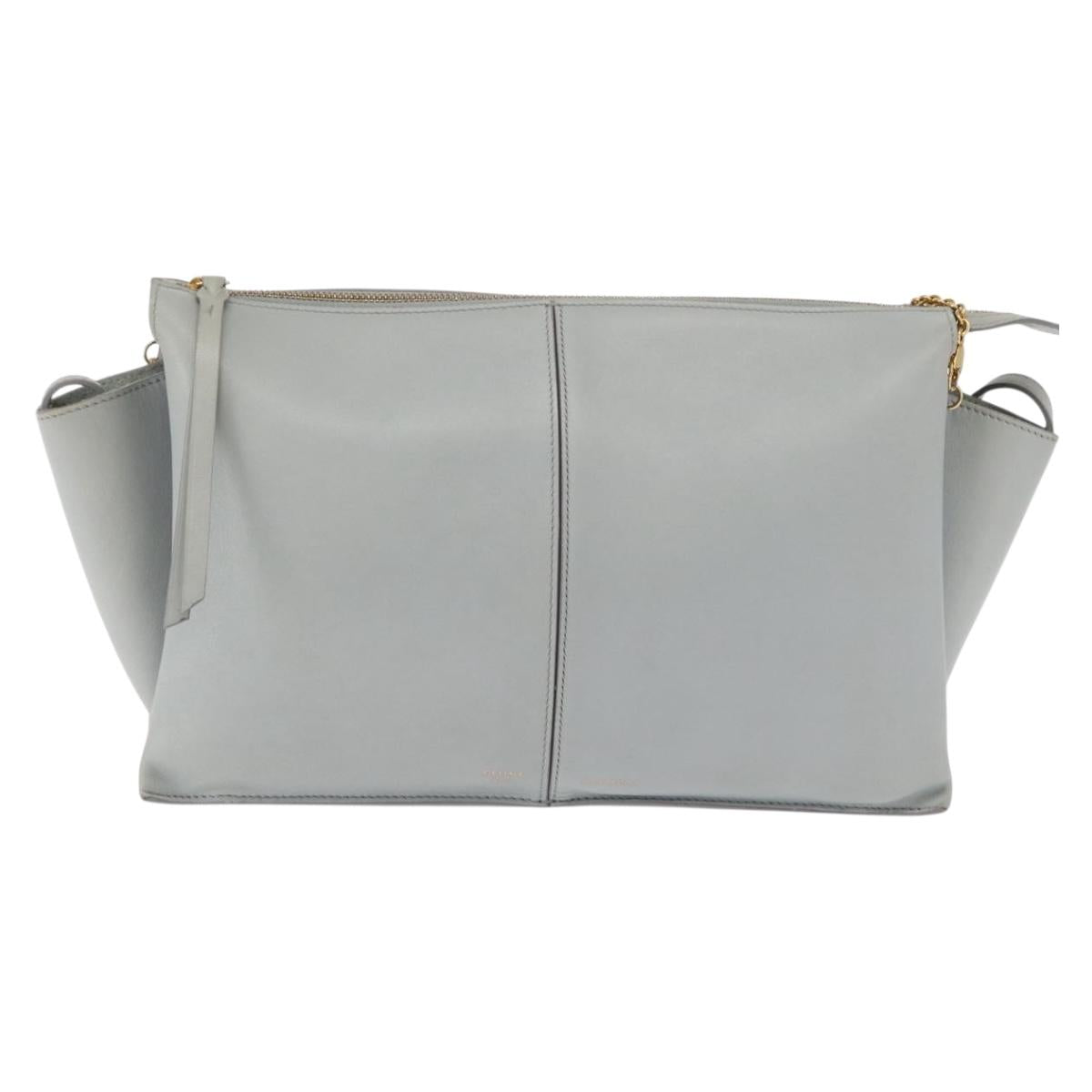 CELINE Chain Trifold Shoulder Bag Leather Gray Gold Auth BA9180