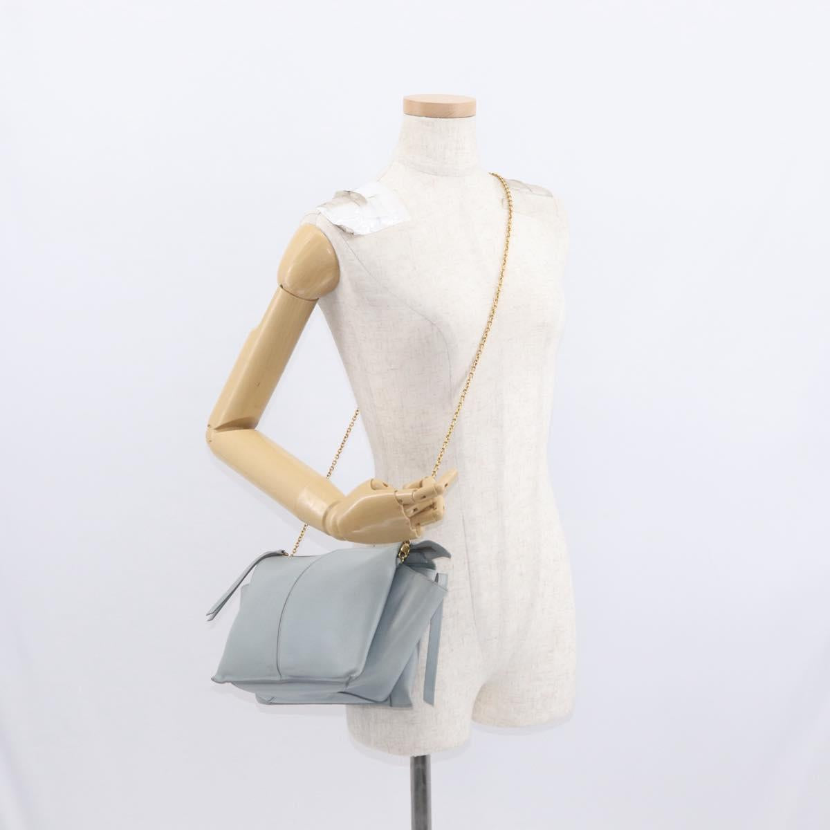 CELINE Chain Trifold Shoulder Bag Leather Gray Gold Auth BA9180