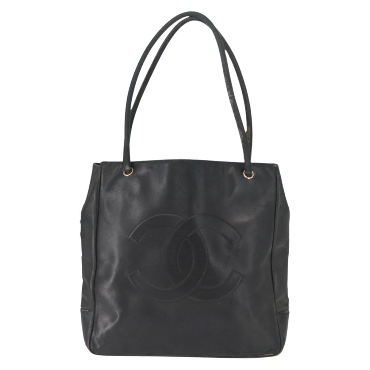 CHANEL Shoulder Bag Lamb Skin Black Gold CC Auth BA9188