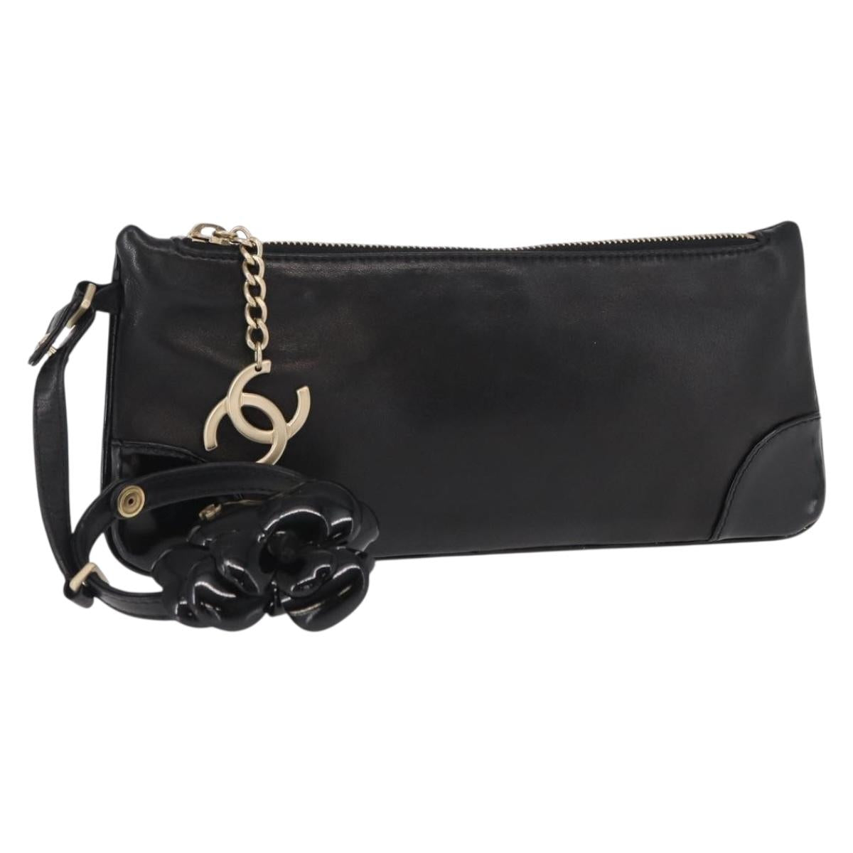 CHANEL Camelia Clutch Bag Lamb Skin Black Silver CC Auth BA9202V