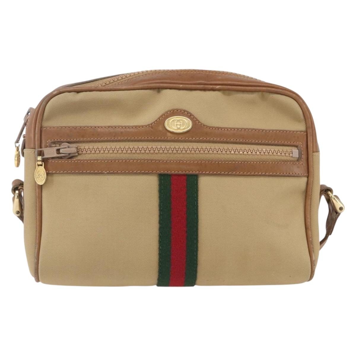 GUCCI Web Sherry Line Shoulder Bag Canvas Beige Gold Auth BA9238