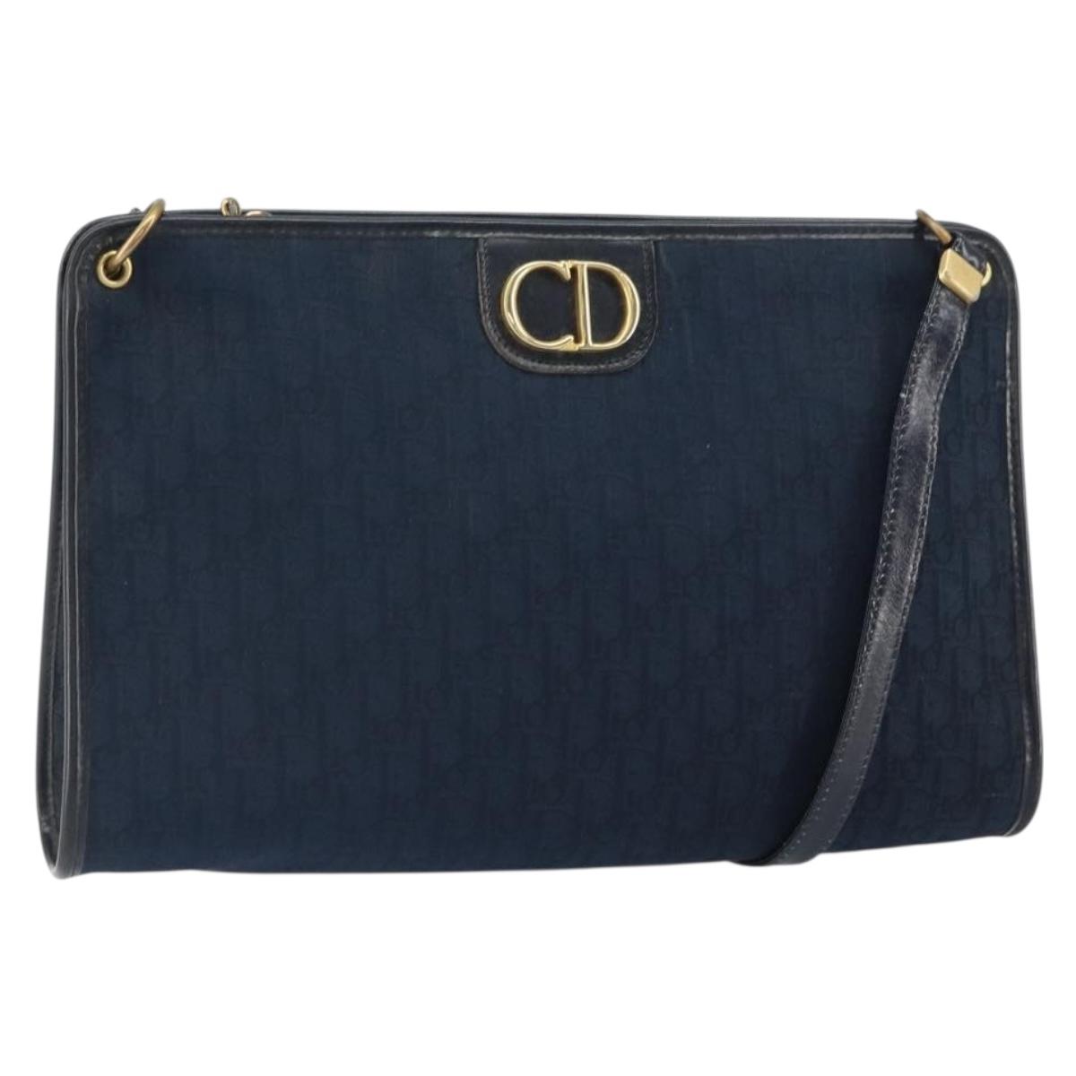 Christian Dior Trotter Canvas Shoulder Bag Navy Gold Auth BA9239