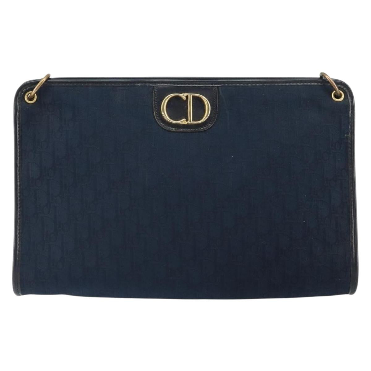 Christian Dior Trotter Canvas Shoulder Bag Navy Gold Auth BA9239