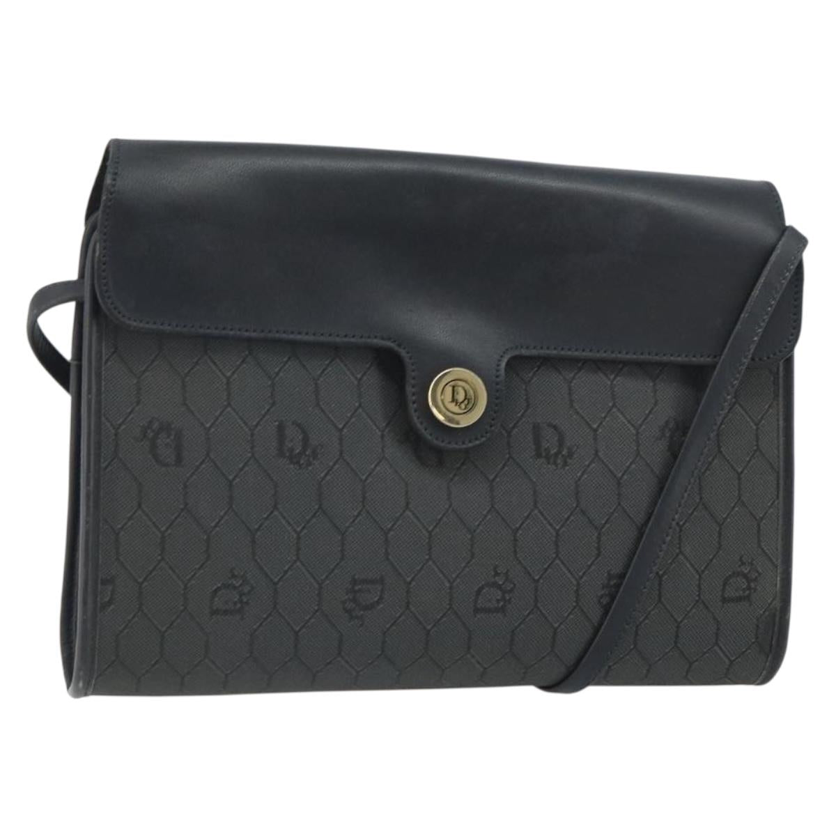 Christian Dior Honeycomb Canvas Chain Shoulder Bag PVC Black Gold Auth BA9243