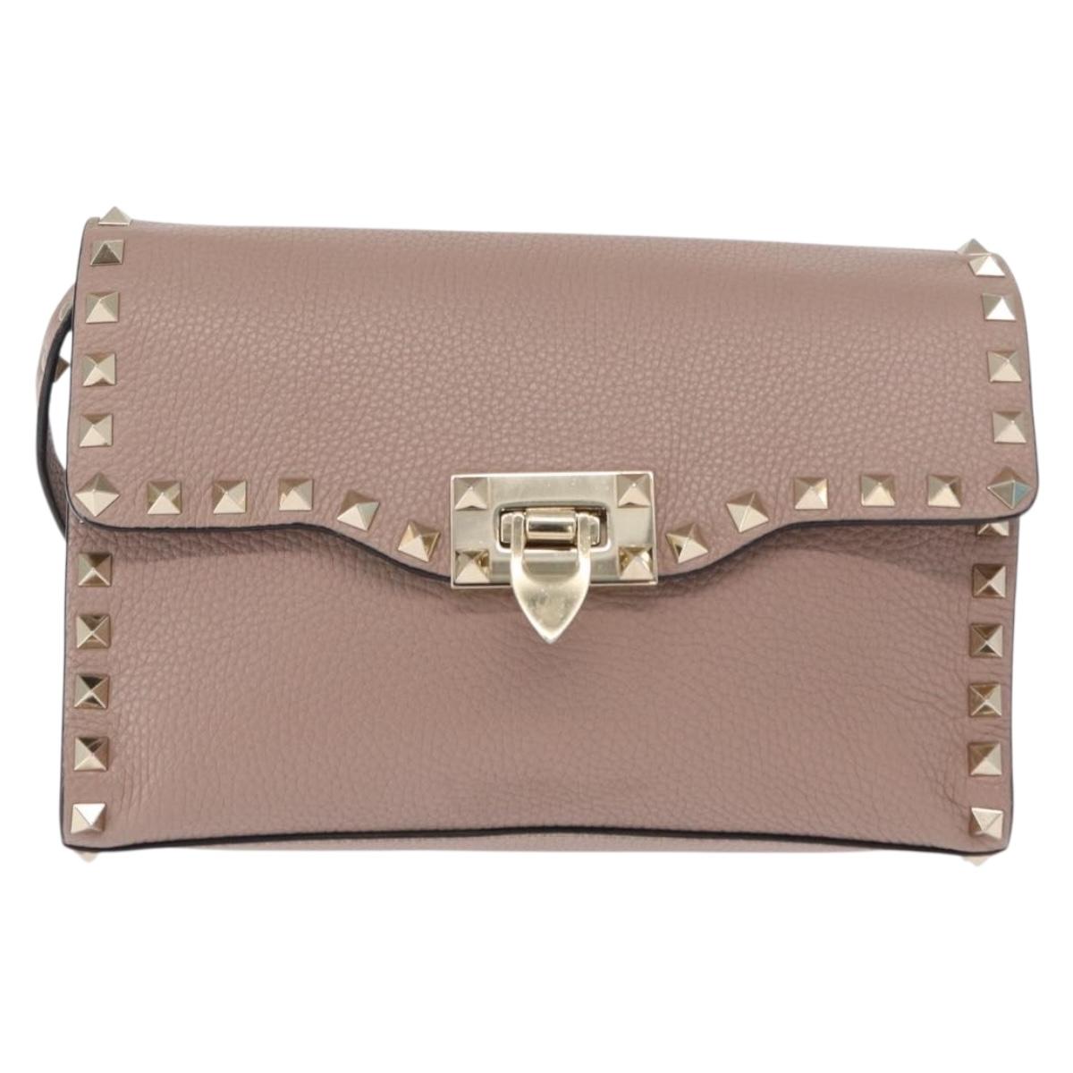 VALENTINO Rock Studs Shoulder Bag Leather Pink Gold Auth BA9244