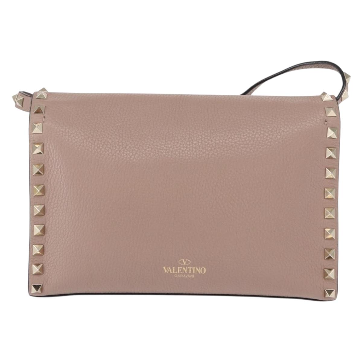 VALENTINO Rock Studs Shoulder Bag Leather Pink Gold Auth BA9244