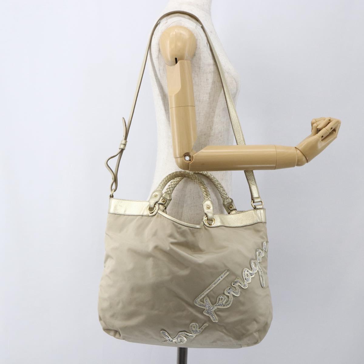 Salvatore Ferragamo Hand Bag Nylon 2way Beige Gold Auth BA9246