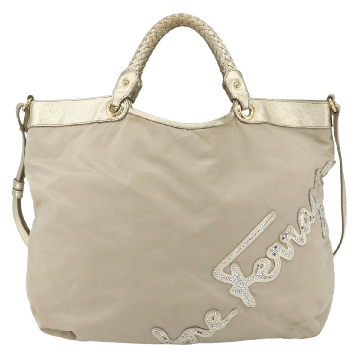 Salvatore Ferragamo Hand Bag Nylon 2way Beige Gold Auth BA9246